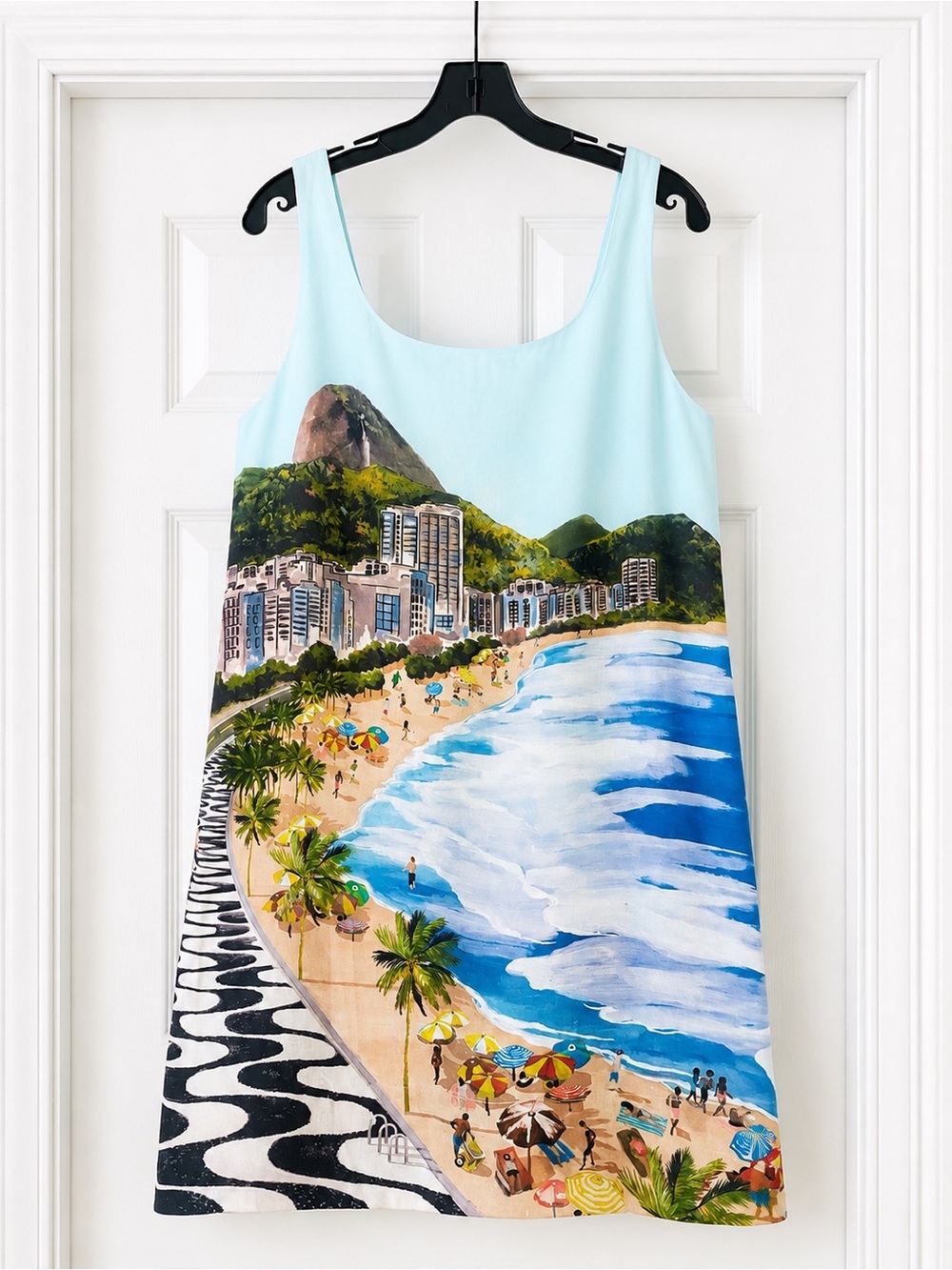 FARM Rio Light Blue Beach Print Sundress with Multicolor Coastal Scene